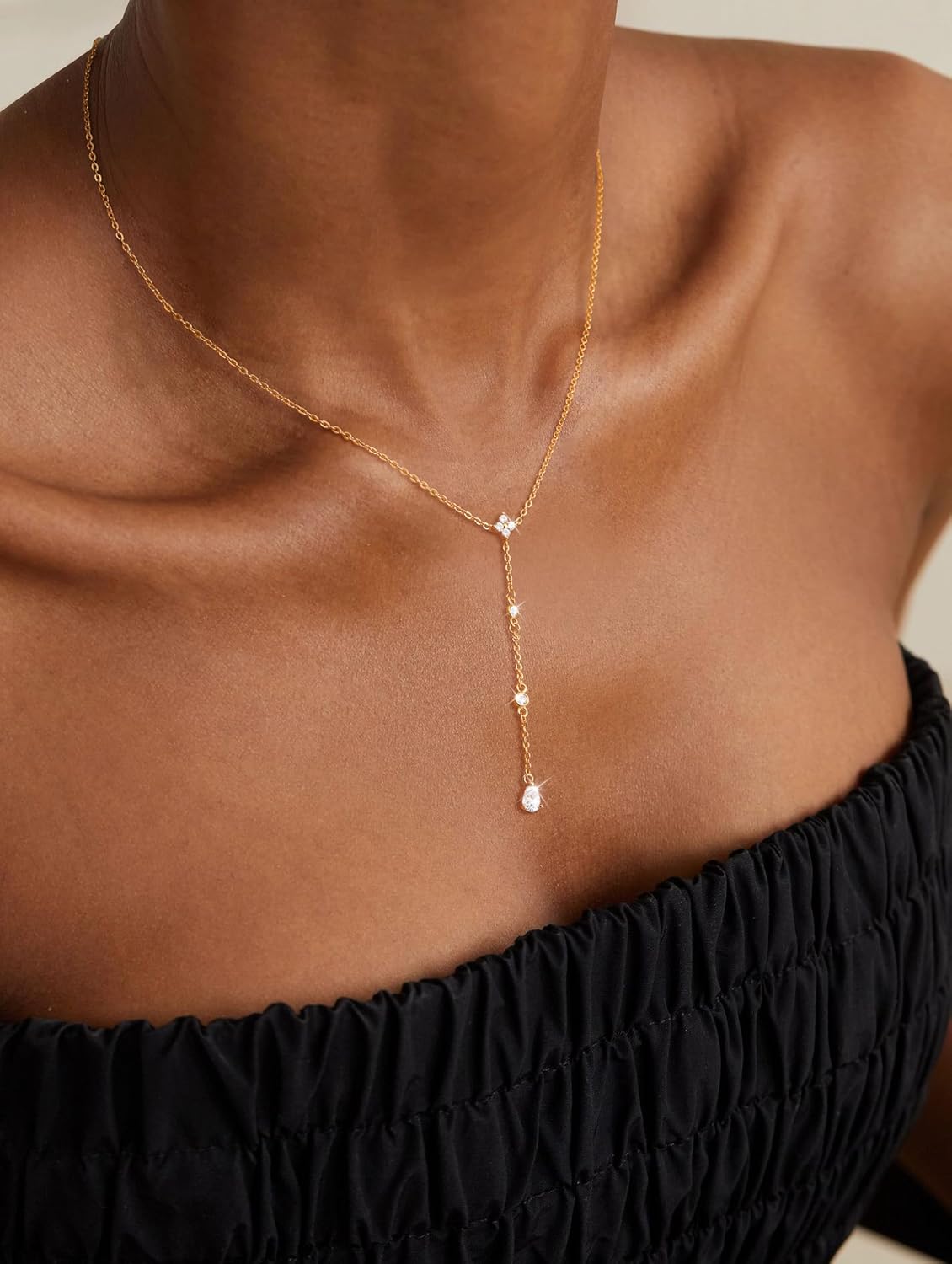 CHESKY Lariat Gold Necklace for Women Trendy, Dainty Long Necklace 14k Gold Plated/Silver Y-Shaped Pendant Necklace Layered CZ Beaded Chain Drop Necklaces Simple Gold Jewelry for Women Gifts