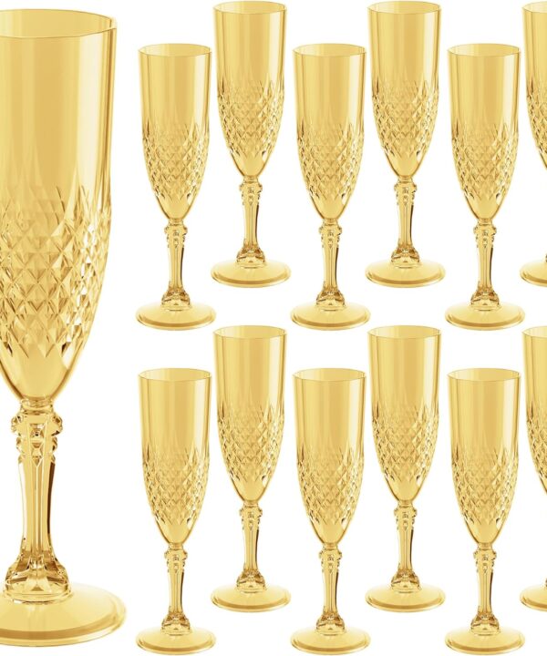 Plastic Champagne Flutes Set of 12 7oz, Gold Reusable Glasses Cups Goblets Shatterproof Unbreakable, for Wedding Party Mimosa Bar