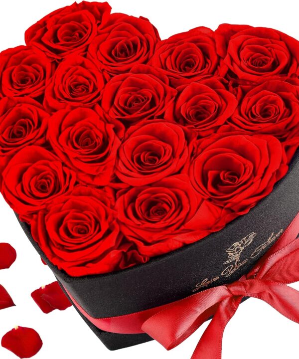 Forever Flowers, 16 Fresh Preserved Rose in Heart Shape Box for Delivery Prime, Eternal Rose for Her Wife Women Anniversary Birthday Red