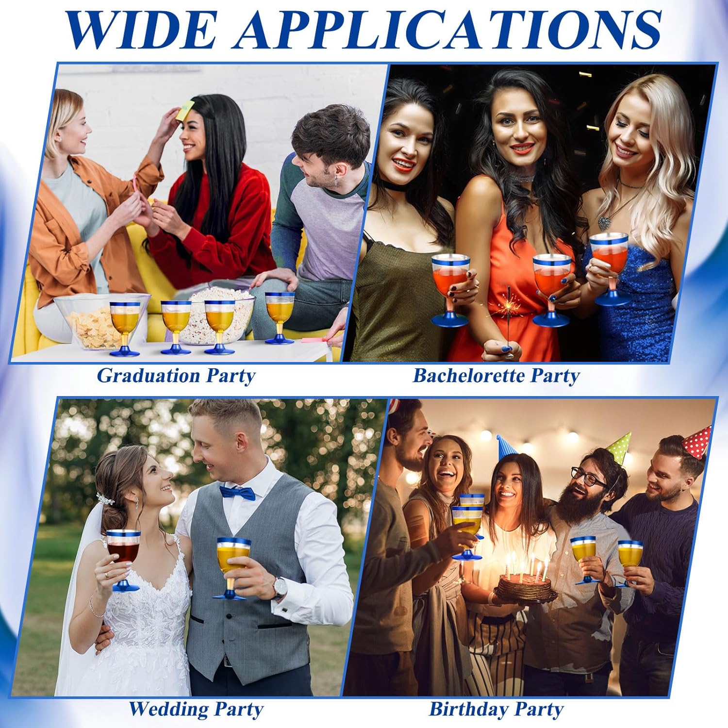 100 Pcs Blue Rimmed Cups Plastic Wine Glasses Disposable Champagne Flutes 6 oz Wine Cups Clear Toasting Glasses Mini Stemware for Wedding Bridal Shower Bachelorette Party