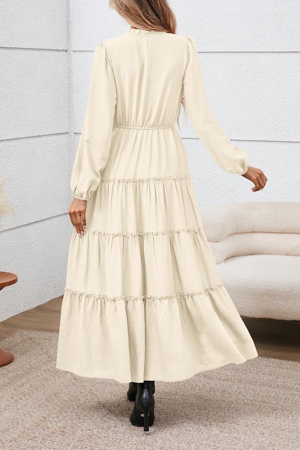 MASCOMODA Fall Long Sleeve Maxi Dresses for Women 2025 Casual Boho Button Ruffle Neck Tiered A Line Flowy Wedding Guest Dress
