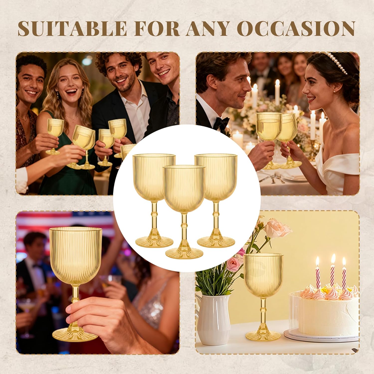 Gold Plastic Wine Glasses 9oz Set of 12, Ribbed Vintage Goblets Unbreakable Reusable BPA-Free Stemmed Drinking Glasses for Parties, Weddings & Events