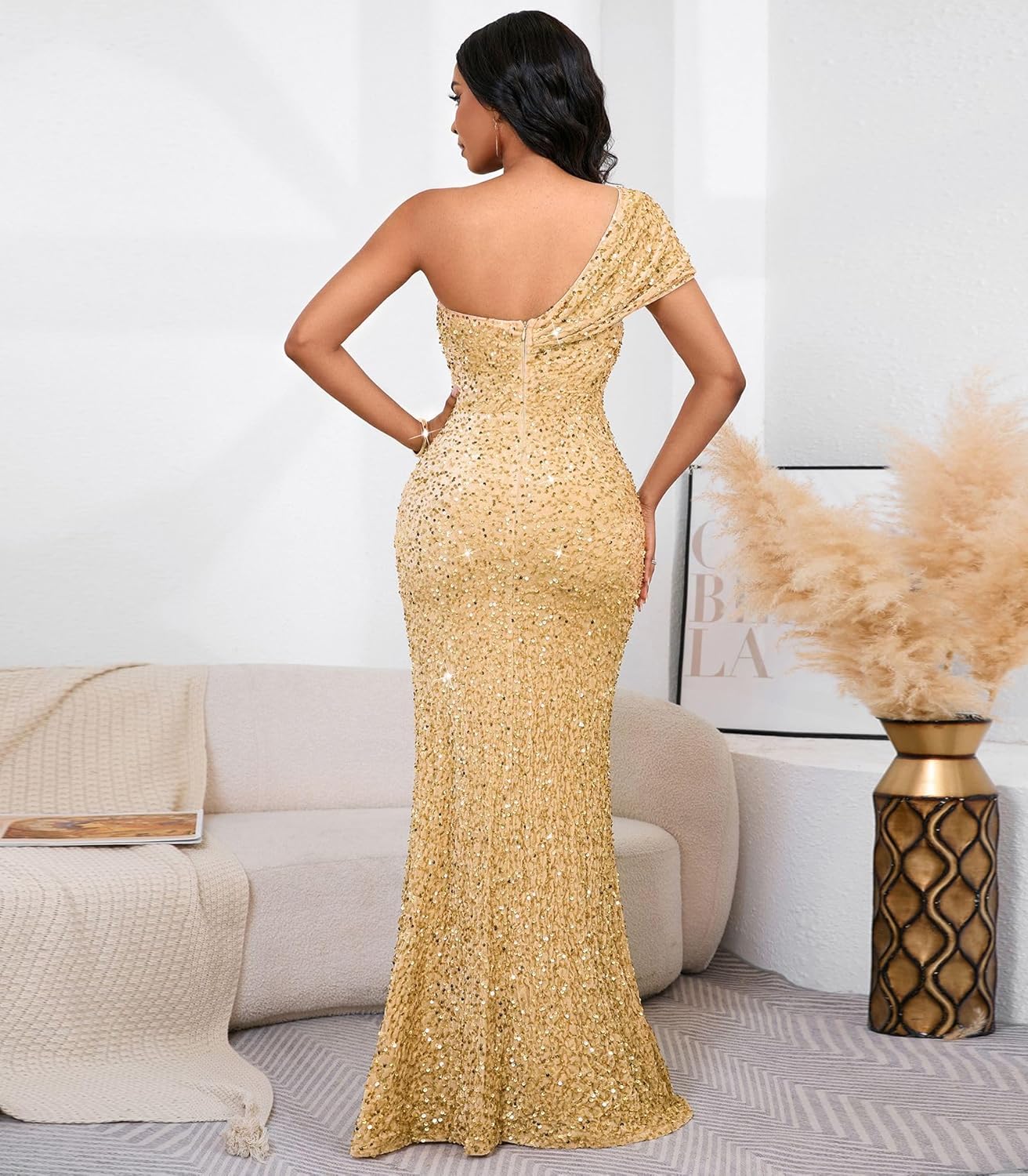 Cololura Women Sexy Sequin One Shoulder Mermaid Formal Party Cocktail Gowns Bodycon Evening Maxi Dress