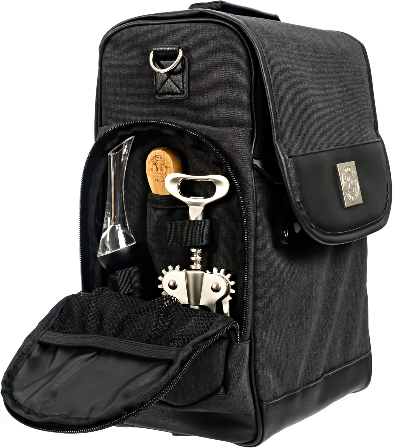 Happy Grapes Wine Tote Bag Set – Insulated Wine Carrier with 2 Stainless Steel Tumblers, Aerator, Charcuterie Board & Knife, Bottle Stoppers, Opener & Wash Cloth – for Picnics Beach Patio Pool Camp t