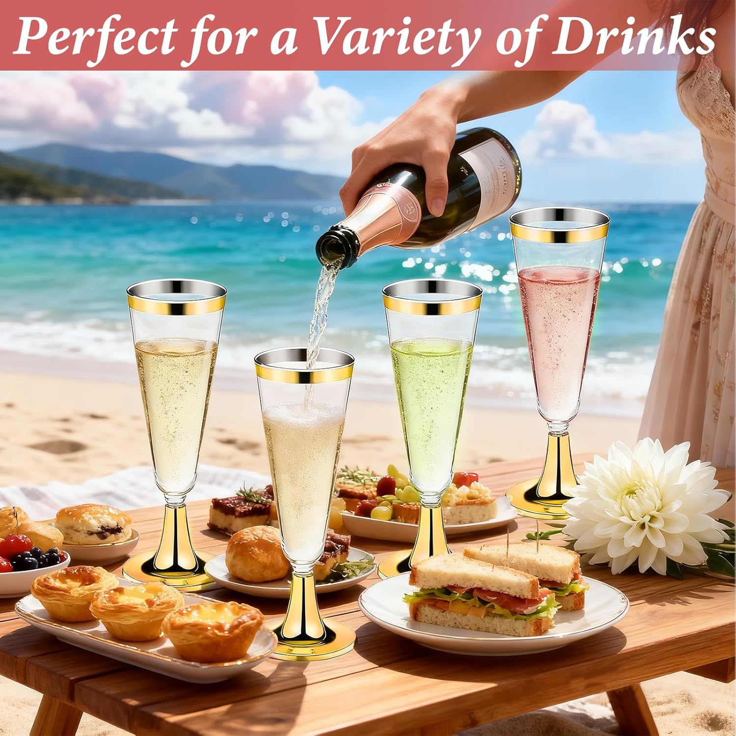 100 Pack Plastic Champagne Flutes with Gold Rim Gold Bottom, 5.5 Oz Clear Disposable Plastic Champagne Glasses, Wine Glasses Cups for Wedding Celebration Party Wine Tasting New Years Eve Supplies