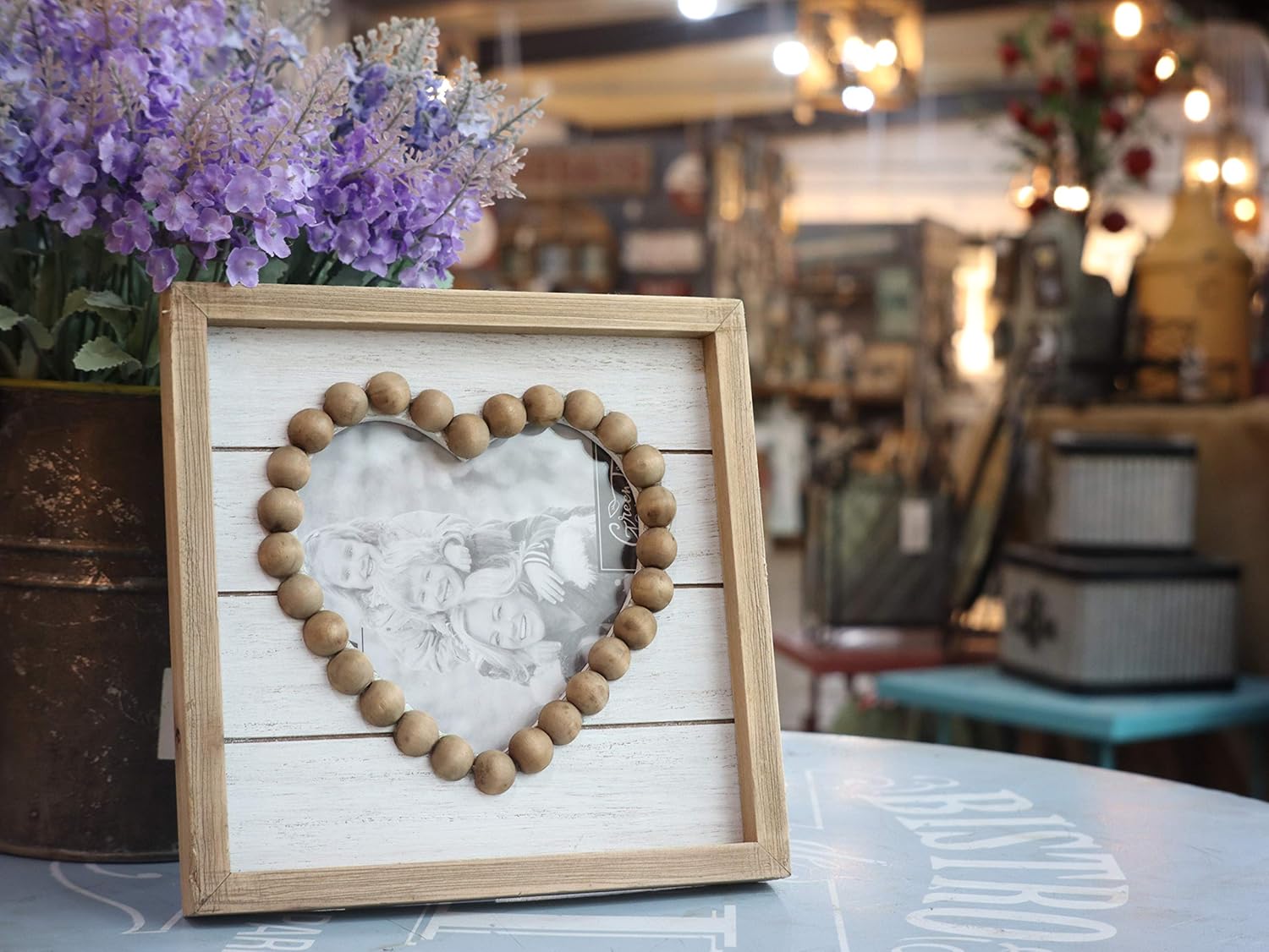 PARISLOFT Wood Heart-Shaped Picture Frames|Cute Farmhouse Style Vintage Photo Frame with Wood Beads.