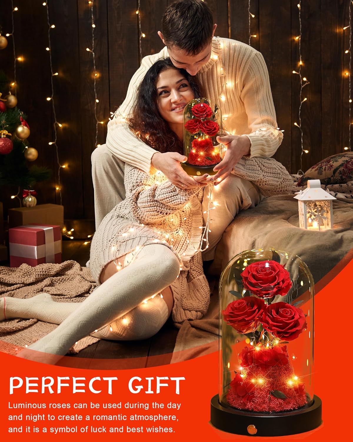 Christmas Flowers Roses Gifts for Mom,Forever Real Preserved Roses in Glass Dome,Christmas for Wife Girlfriend Women Best Friend Grandma/Red Rose