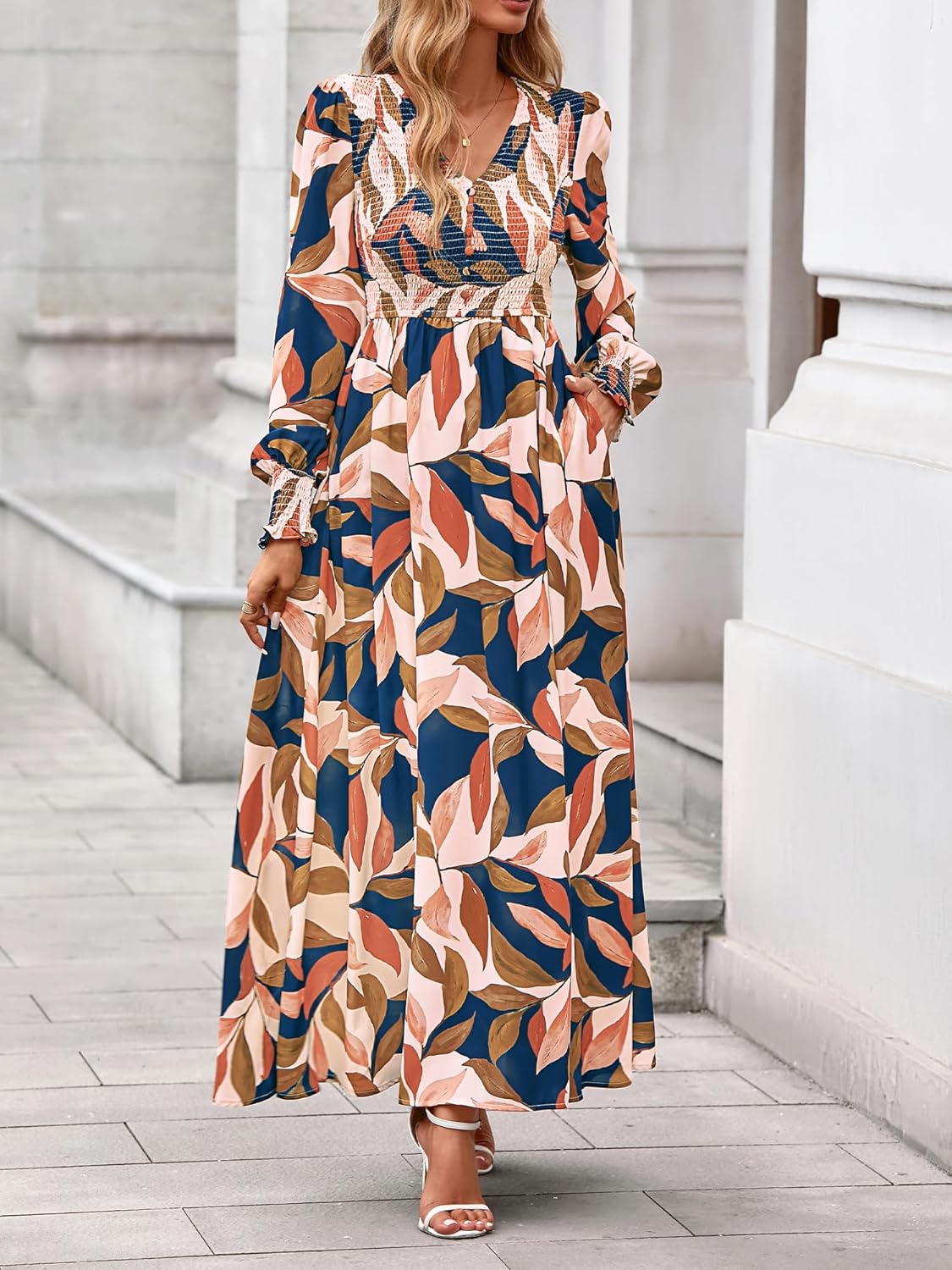 BTFBM Women Fall Wedding Guest Maxi Dresses 2025 Floral V Neck Long Sleeve Boho Long Dress Vacation