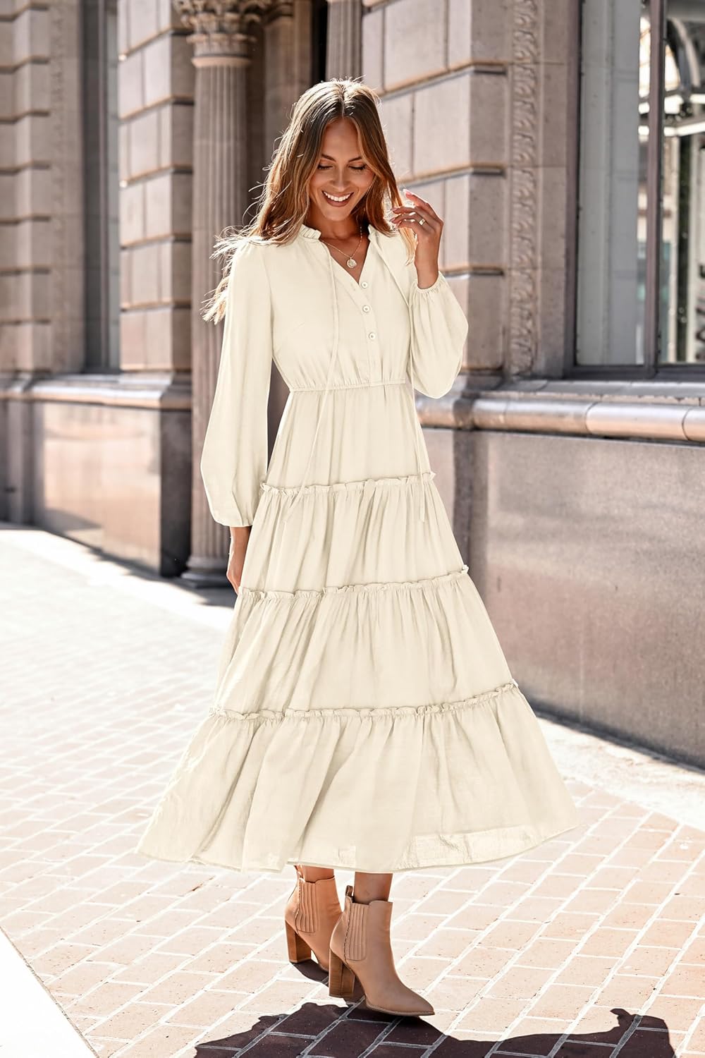 MASCOMODA Fall Long Sleeve Maxi Dresses for Women 2025 Casual Boho Button Ruffle Neck Tiered A Line Flowy Wedding Guest Dress