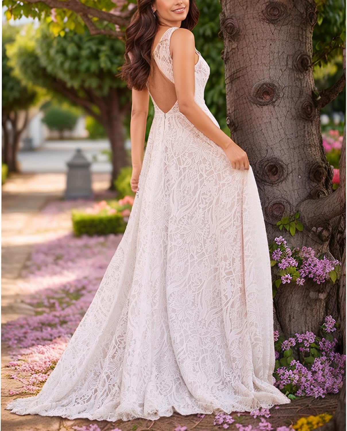 WIOJEIGO Women’s Lace Boho Wedding Dress for Bride with Double Shoulders 2025 Bohemian Long A-Line Beach Bridal Gowns