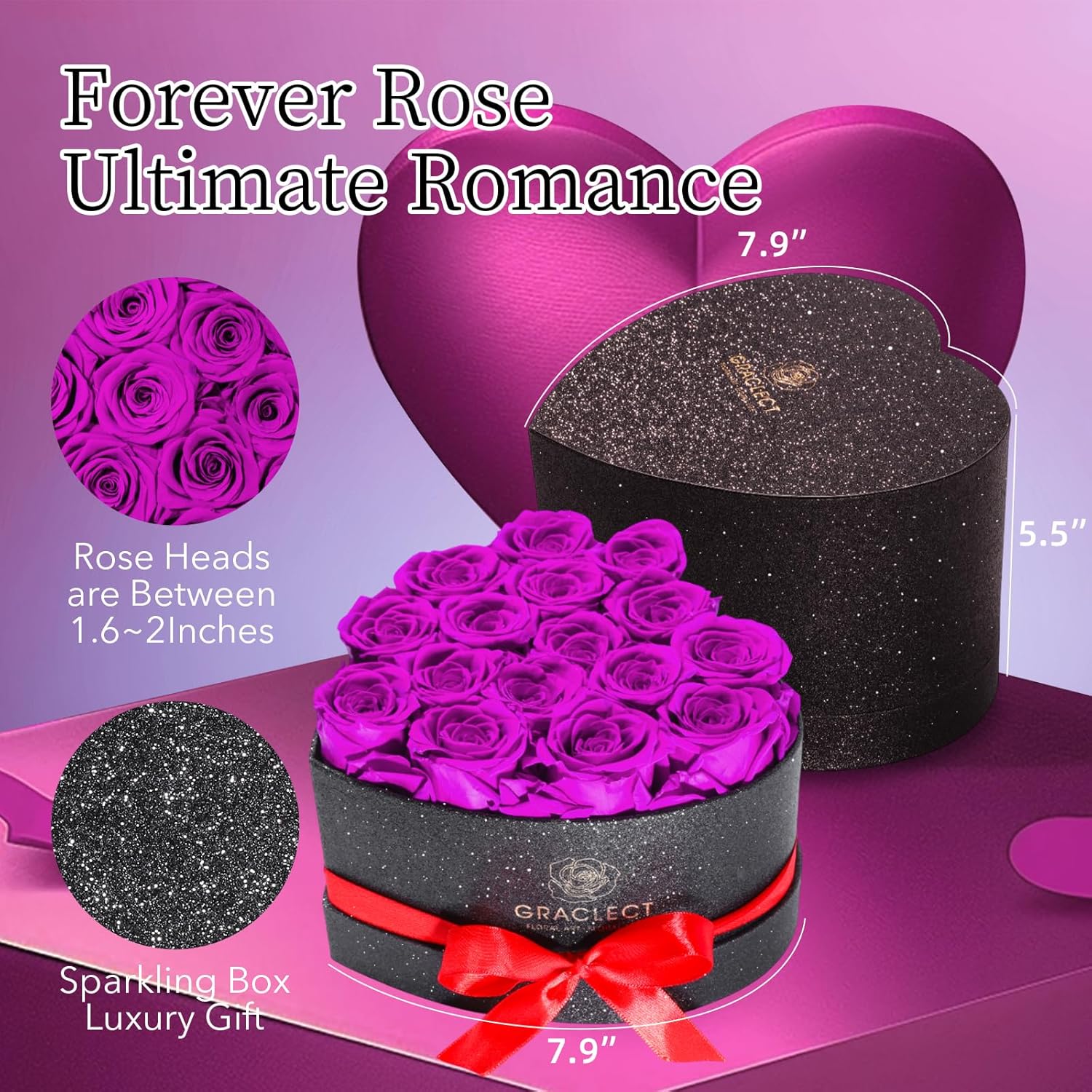 16 Flowers Forever in Heart Shape Box, Eternal Rose, Preserved Roses, Immortal Roses Birthday Gift for Her, Women, Mothers Day gifts for mom – Purple Rose
