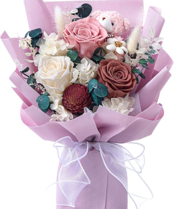 Polylove Forever Flower Bouquet Flowers for Delivery Prime Preserved Roses with Bear Gift Box for Wife Women Mother Day Anniversary Birthday (Purple)