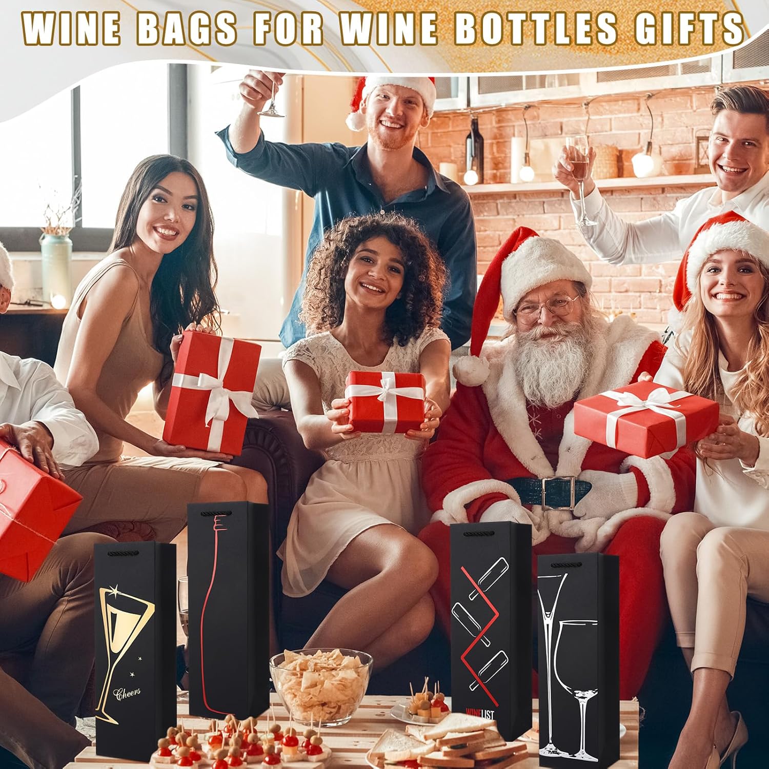 Ovveroche 20 Pack Wine Gift Bags with Handles, Reusable Wine Bottle Gift Bags for Liquor Champagne, Metallic Foil Designs for Christmas Thanksgiving Halloween Holiday Birthday Party