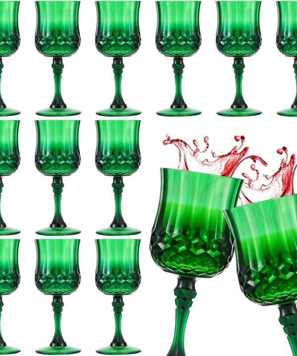 Pinkunn 12 Pcs 7 oz Plastic Vintage Wine Glasses Reusable Colored Goblets Patterned Drinking Water Glasses Cup Dishwasher Safe for Christmas Wedding Reception Party Supplies (Green)