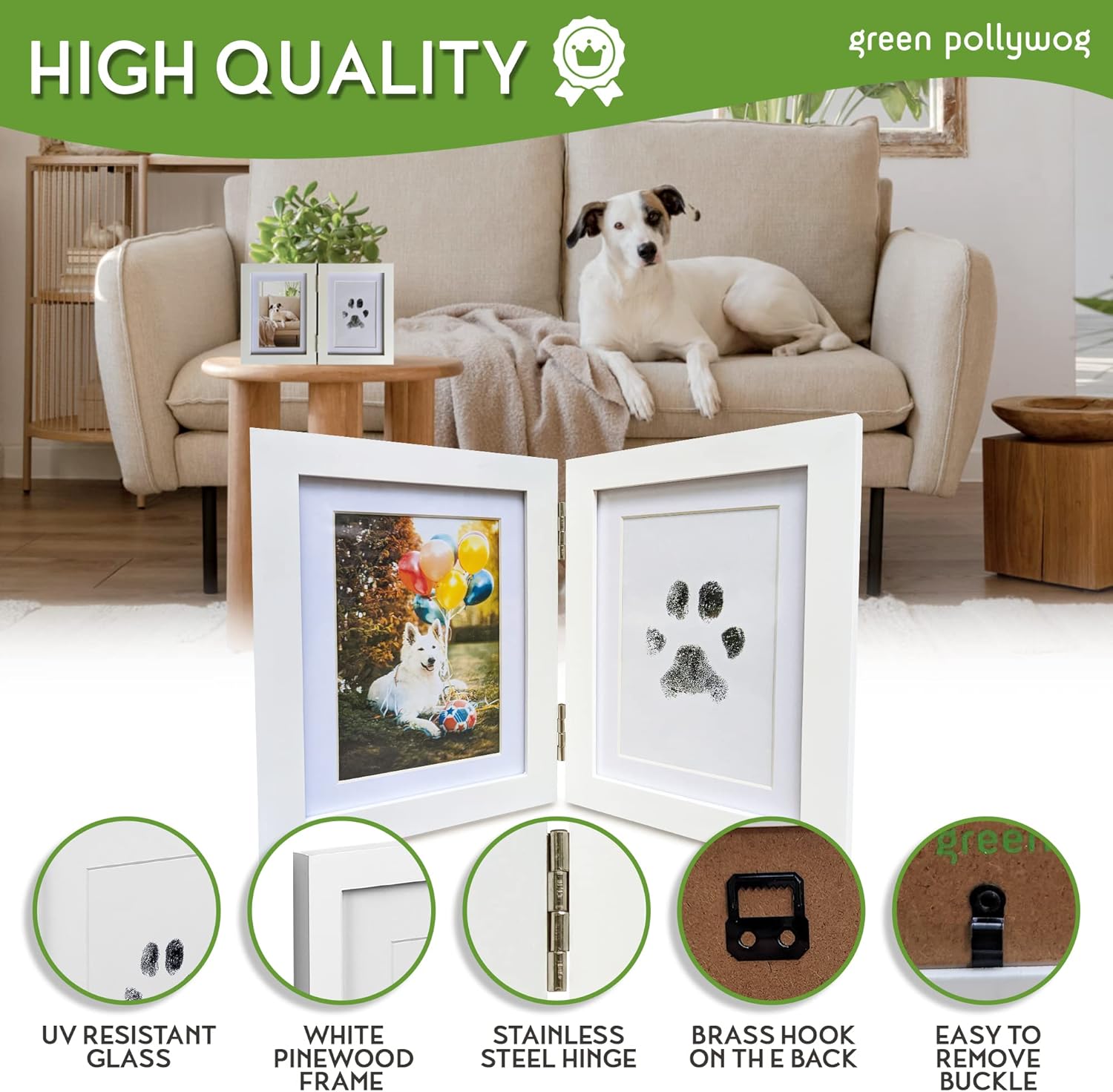 Green Pollywog | Paw Print Pet Keepsake Hinge Photo Frame + Ink Pad Kit | Dog Paw Print Kit | Extra-Large Ink Pad Included | 4 x 6 Picture Openings