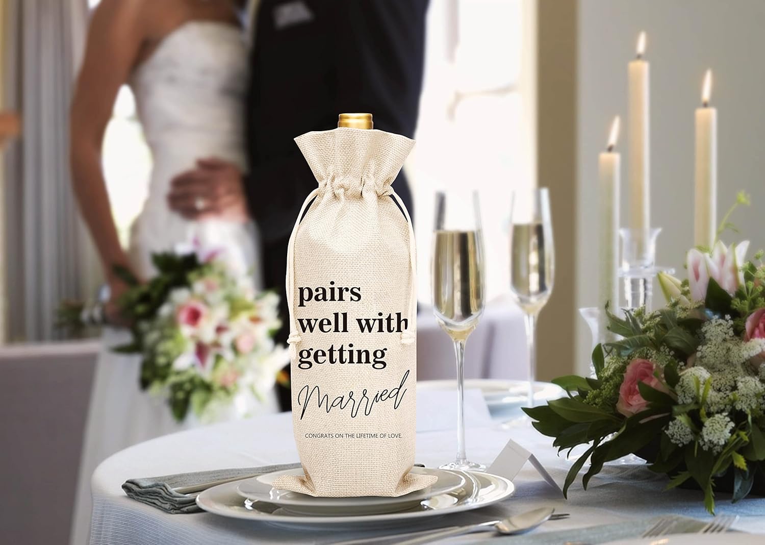 Huastatewolf Wedding Wine Bag – Burlap Wine Bottle Cover Gift Bag for Wedding Party, Engegement Party – 1 Pc Wine Bag(C34)