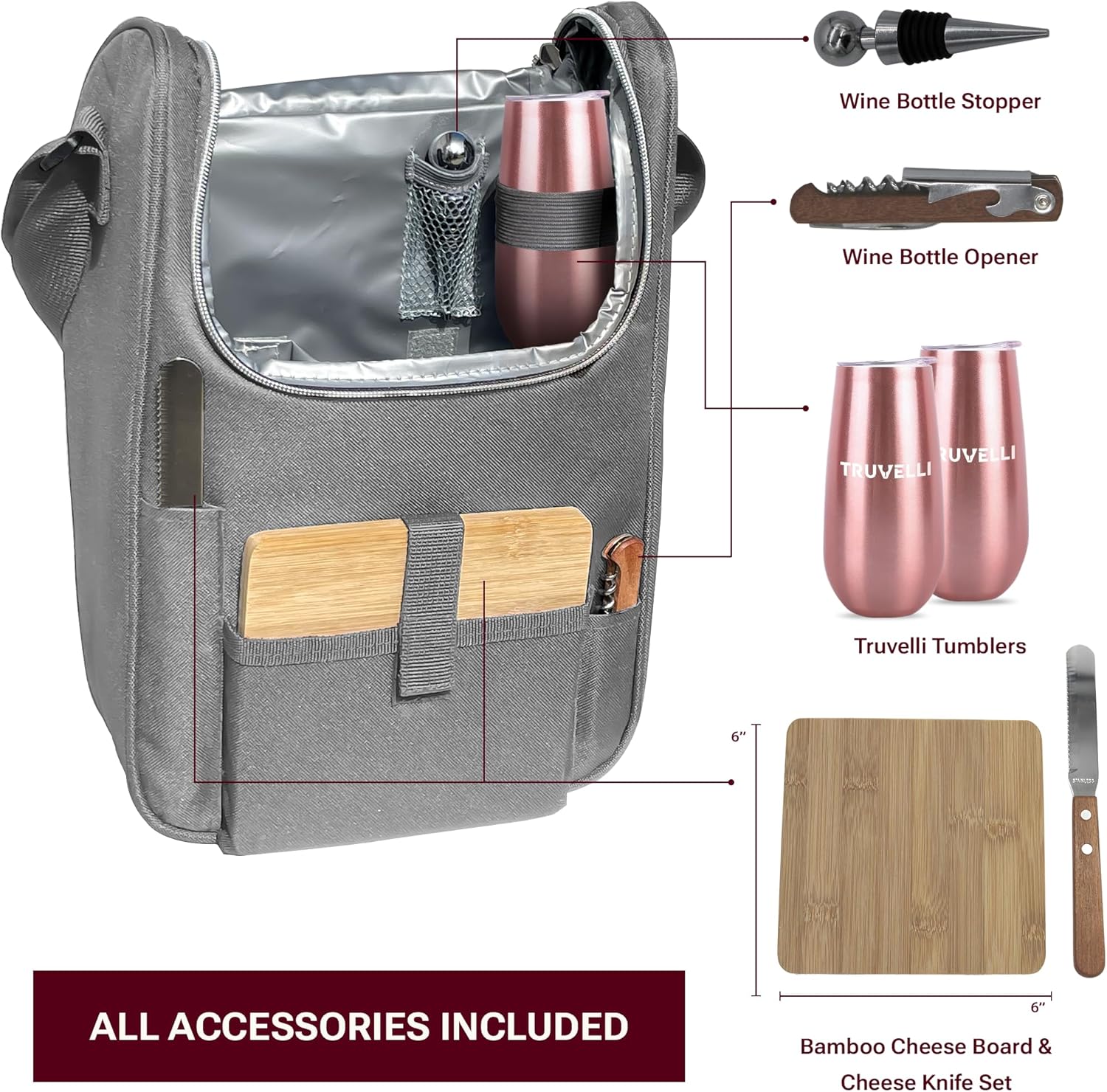 Truvelli Insulated Wine Tote Bag: Portable 2 Bottle Cheese Waterproof Black Canvas Carrier Picnic Kit – Stopper Attachment, Plus Wooden Charcuterie Board