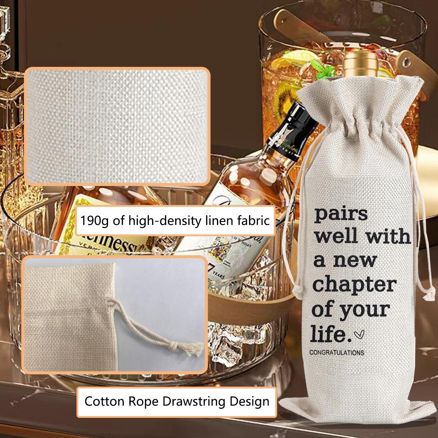 Julont 1Pcs New Chapter Wine Bag New Beginning New Business Owner Gifts Wine Bag, Pairs Well With a New Chapter of Your Life with 1Pcs Kraft Blessing Cards and natural jute rope