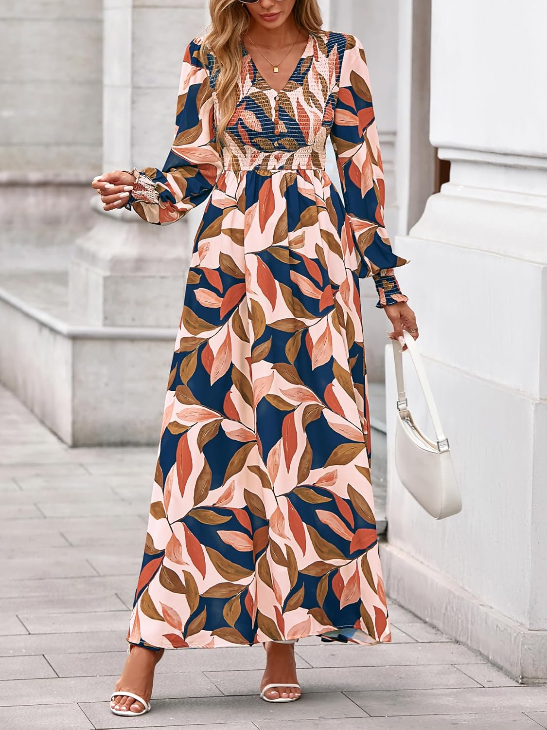 BTFBM Women Fall Wedding Guest Maxi Dresses 2025 Floral V Neck Long Sleeve Boho Long Dress Vacation