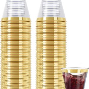 R-kay 100 Pack Gold Plastic Cups For Party - Plastic Cups 9 oz - Party Cups Disposable - Premium Heavy Duty Gold Cups - Disposable Wine Glasses For Wedding - Plastic Wine Glasses/Disposable Cups