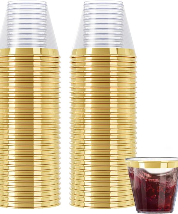 R-kay 100 Pack Gold Plastic Cups For Party - Plastic Cups 9 oz - Party Cups Disposable - Premium Heavy Duty Gold Cups - Disposable Wine Glasses For Wedding - Plastic Wine Glasses/Disposable Cups