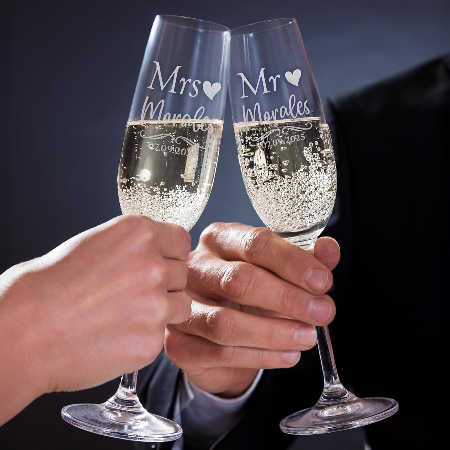 Set of 2 Personalized Champagne Flutes, Custom Engraved Toasting Glasses for Wedding, Anniversary, Bride & Groom, Couples, Laser Etched Elegant Flute Glasses for Celebrations & Gifts