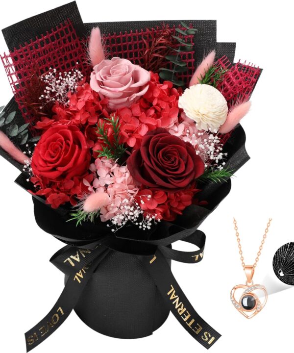 Preserved Flowers for Delivery, Red Flower Bouquets with Necklace, Forever Real Roses Anniversary Birthday Gifts for Women Mom Wife Girlfriend, Fresh Flowers for Valentines Day Christmas