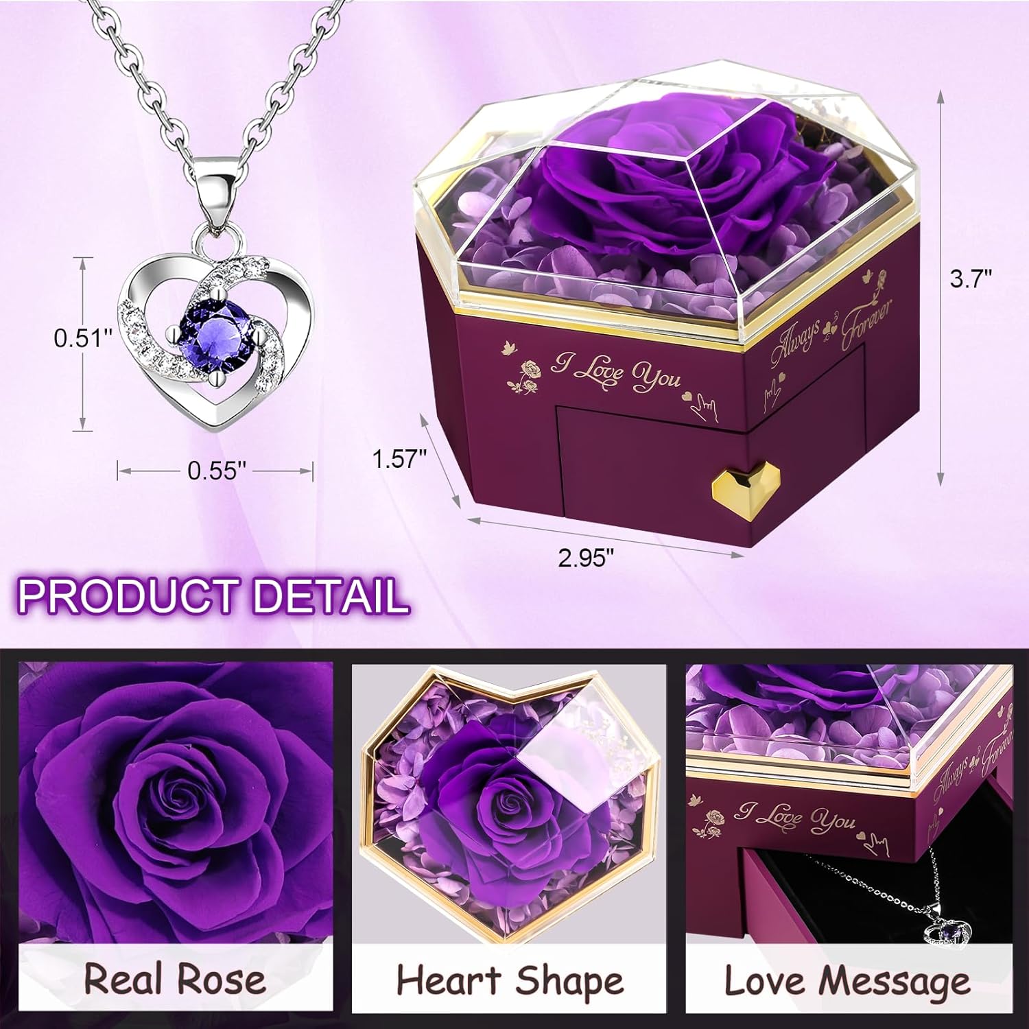Heart Shape Preserved Real Rose Box with Necklace, Forever I Love You Roses Gifts for Her, Eternal Flowers Gifts for Women, Anniversary Thanksgiving Ideas – Purple