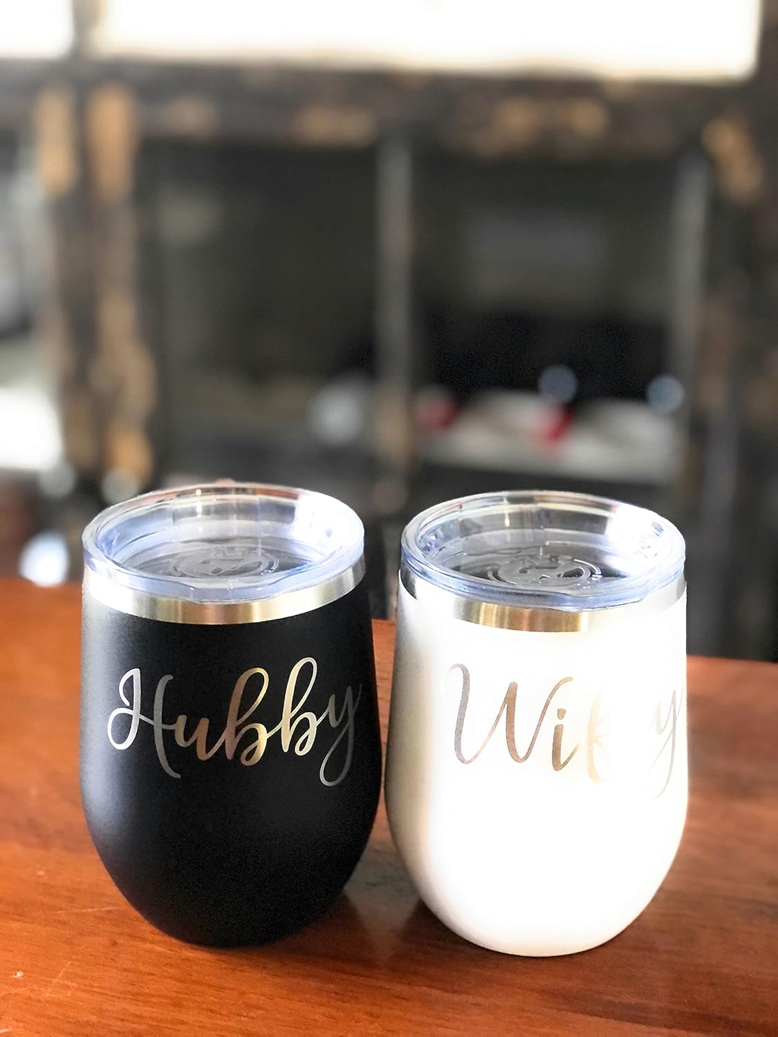 Wifey & Hubby 12 oz. Insulated Wine Glasses Set – Modern Engraved Wedding Gift Drinking Tumblers Couples Gifts Black/White, Wine Glass Set and Wedding Essentials