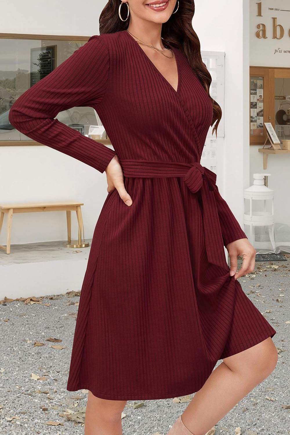 Newshows Womens 2025 Fall Dresses Teacher Church Business Casual Work Outfits Knit Midi Sweater Pockets Belt Dress