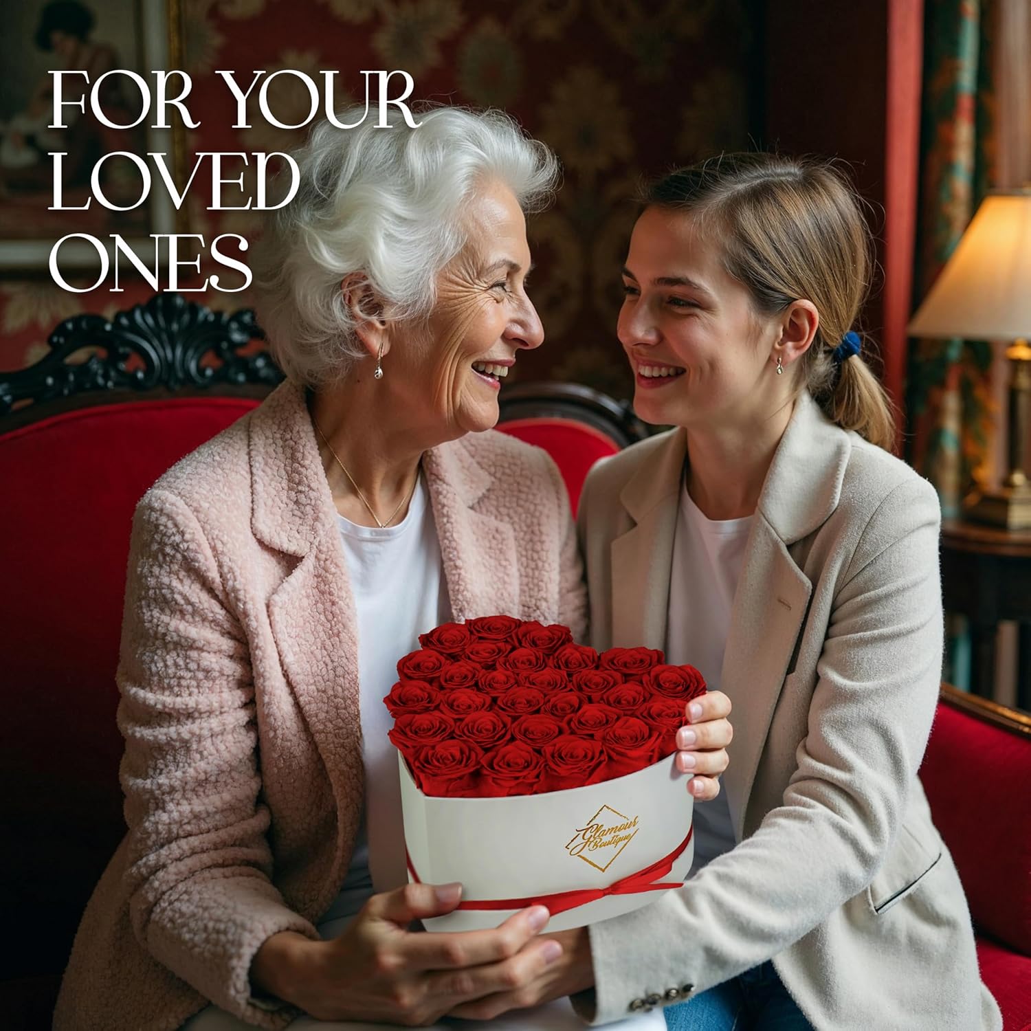 GLAMOUR BOUTIQUE Preserved Roses in a Box – Gifts for Her, Wife & Mom, Rose Flowers Forever Decor for Birthday Gift, Get Well Flower Bouquet Cased in White Box with Cover – Red – 27-Piece