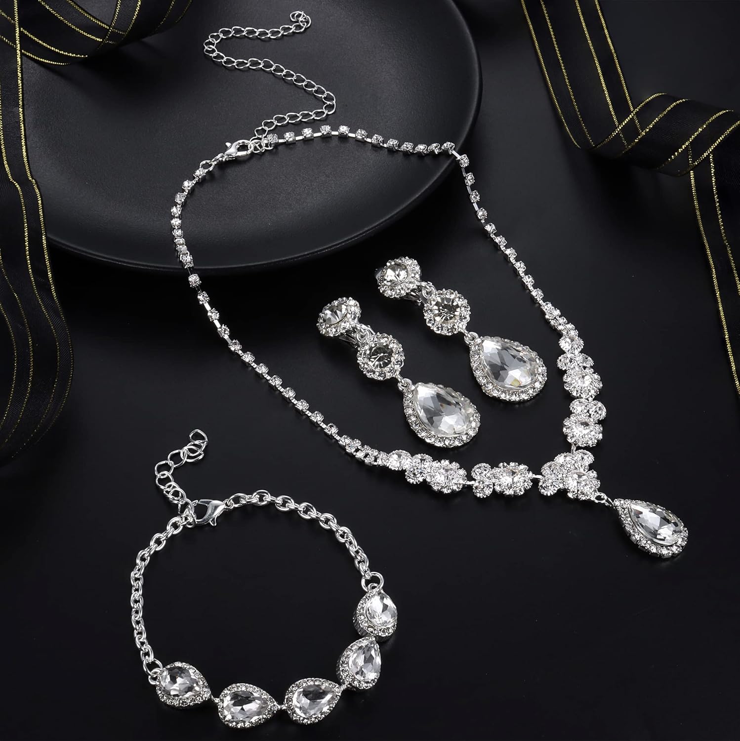 Jstyle Rhinestone Bridal Jewelry Set Necklace Bracelet Clip On Earrings for Brides Bridesmaid Cluster Crystal Teardrop Pendants Jewelry Set for Wedding Prom