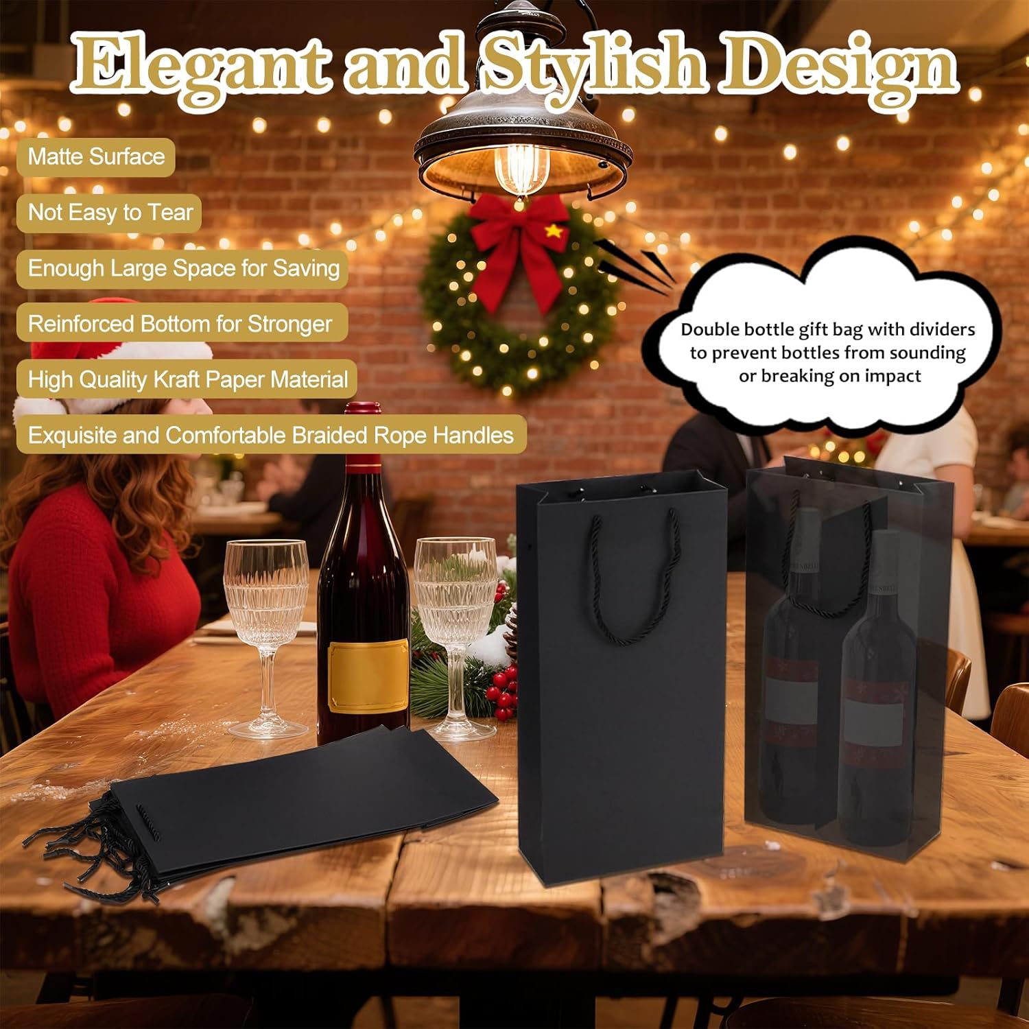12 Pack 2 Bottles Wine Carrier Tote Holders, Black Paper Wine Champagne Gift Bottle Carrying Bags with Handles for Christmas Business Wedding Baby Shower