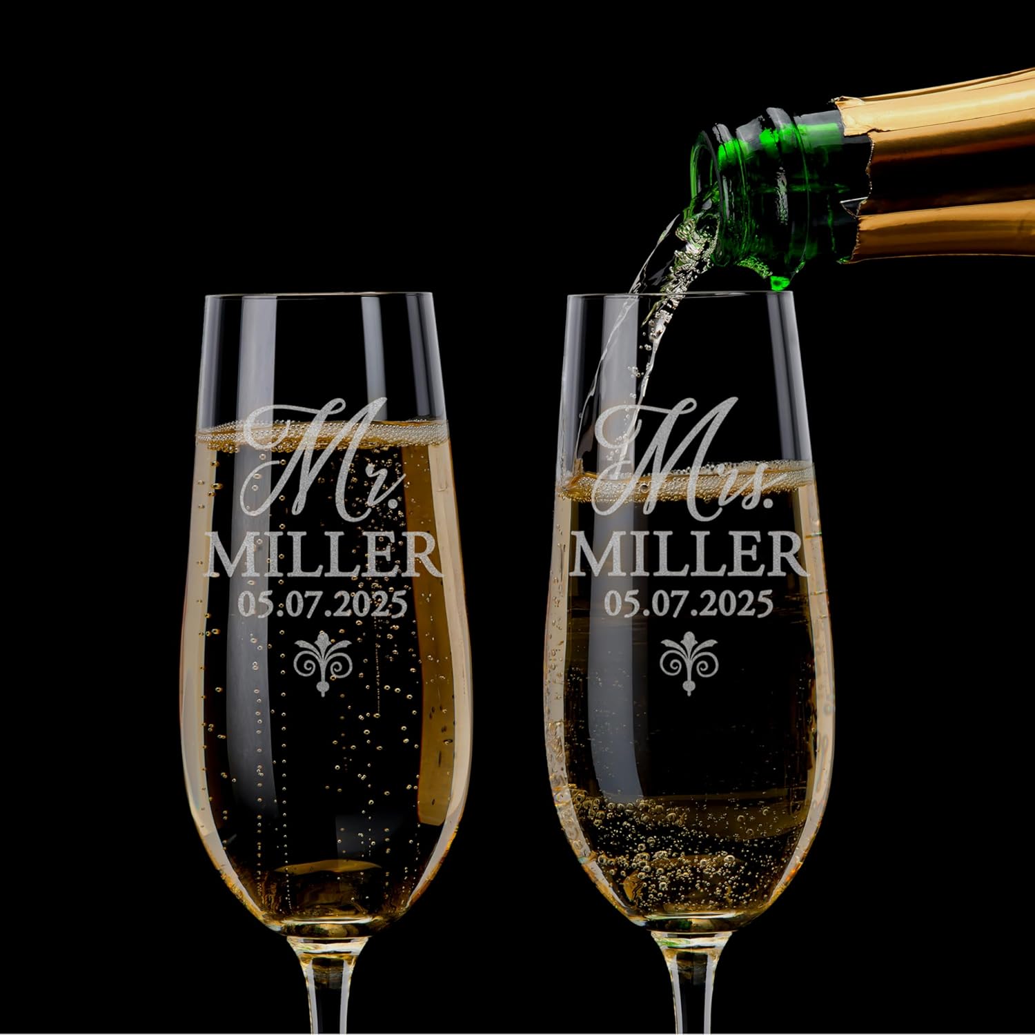 Set of 2 Personalized Champagne Flutes, Custom Engraved Toasting Glasses for Wedding, Anniversary, Bride & Groom, Couples, Laser Etched Elegant Flute Glasses for Celebrations & Gifts