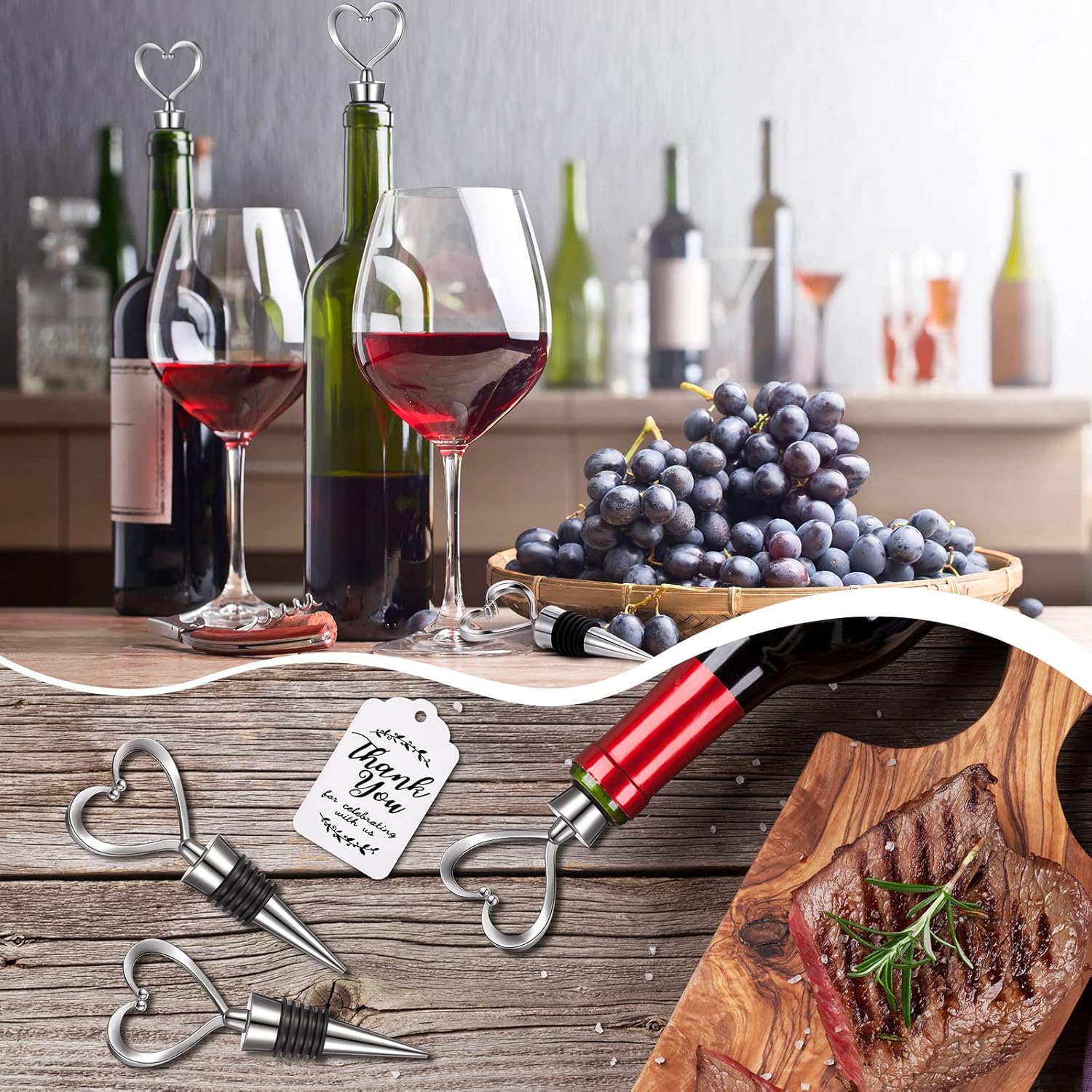 30 Pcs Heart Shape Wine Stoppers Love Wine Bottle Stopper Silver Champagne Beer Bottle Stopper 50 White Kraft Labels 30 Sheer Bags with String for Wedding Gift Valentine Decorations