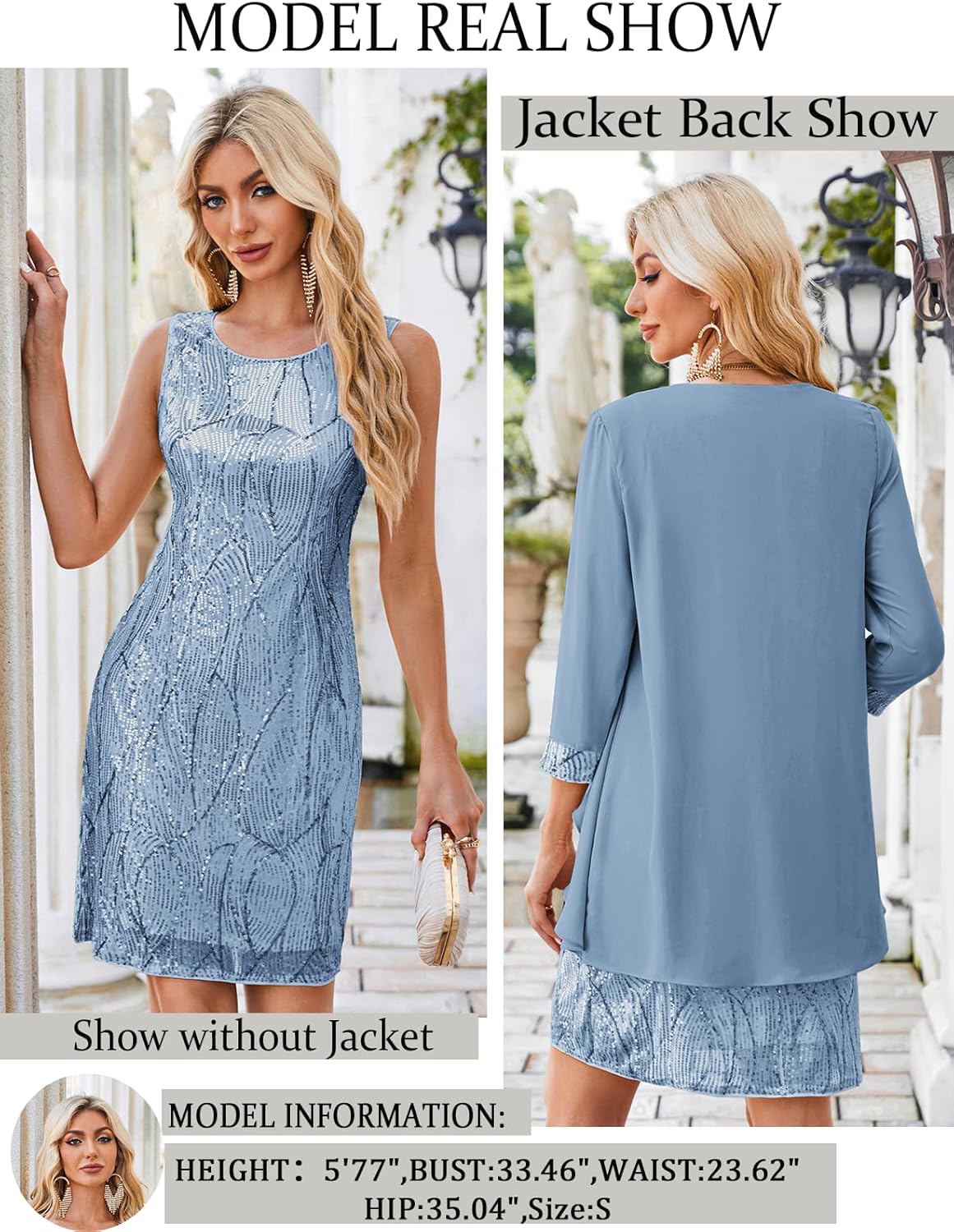 GRACE KARIN Womens Sequin Dress – Wedding Guest & Mother of The Bride Formal Dress – Two Piece Knee Length