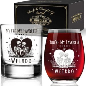 Skull Wine and Whisky Glasses for Couple - 'You're My Favorite Weirdo' His & Hers Gothic Set, Funny Wedding Engagement Gift for Newlyweds Bride Groom Bridal Shower -306