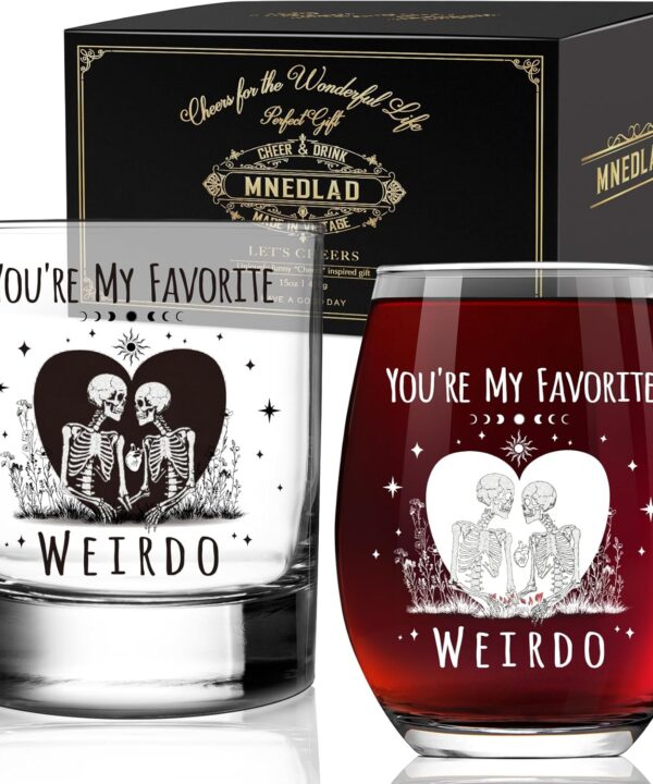 Skull Wine and Whisky Glasses for Couple - 'You're My Favorite Weirdo' His & Hers Gothic Set, Funny Wedding Engagement Gift for Newlyweds Bride Groom Bridal Shower -306