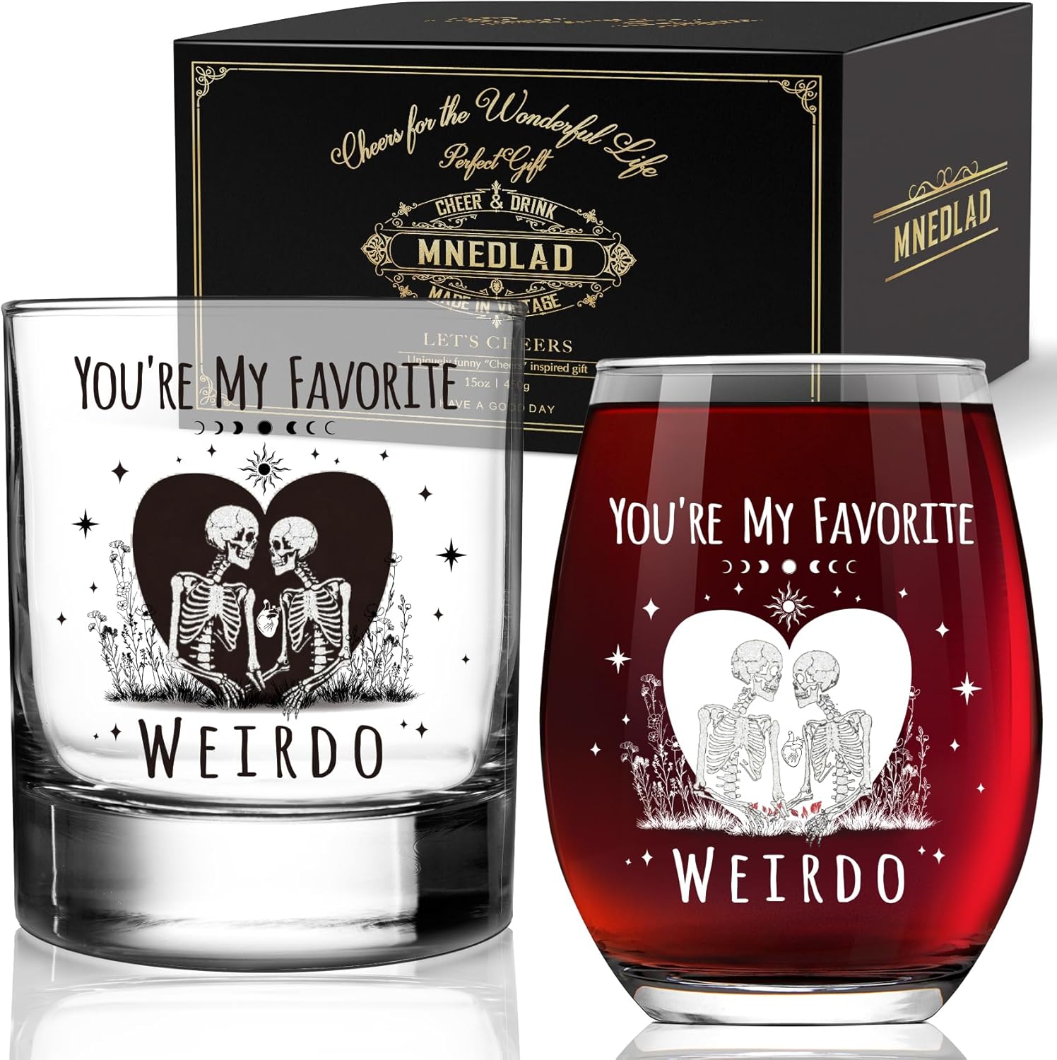 Skull Wine and Whisky Glasses for Couple - 'You're My Favorite Weirdo' His & Hers Gothic Set, Funny Wedding Engagement Gift for Newlyweds Bride Groom Bridal Shower -306