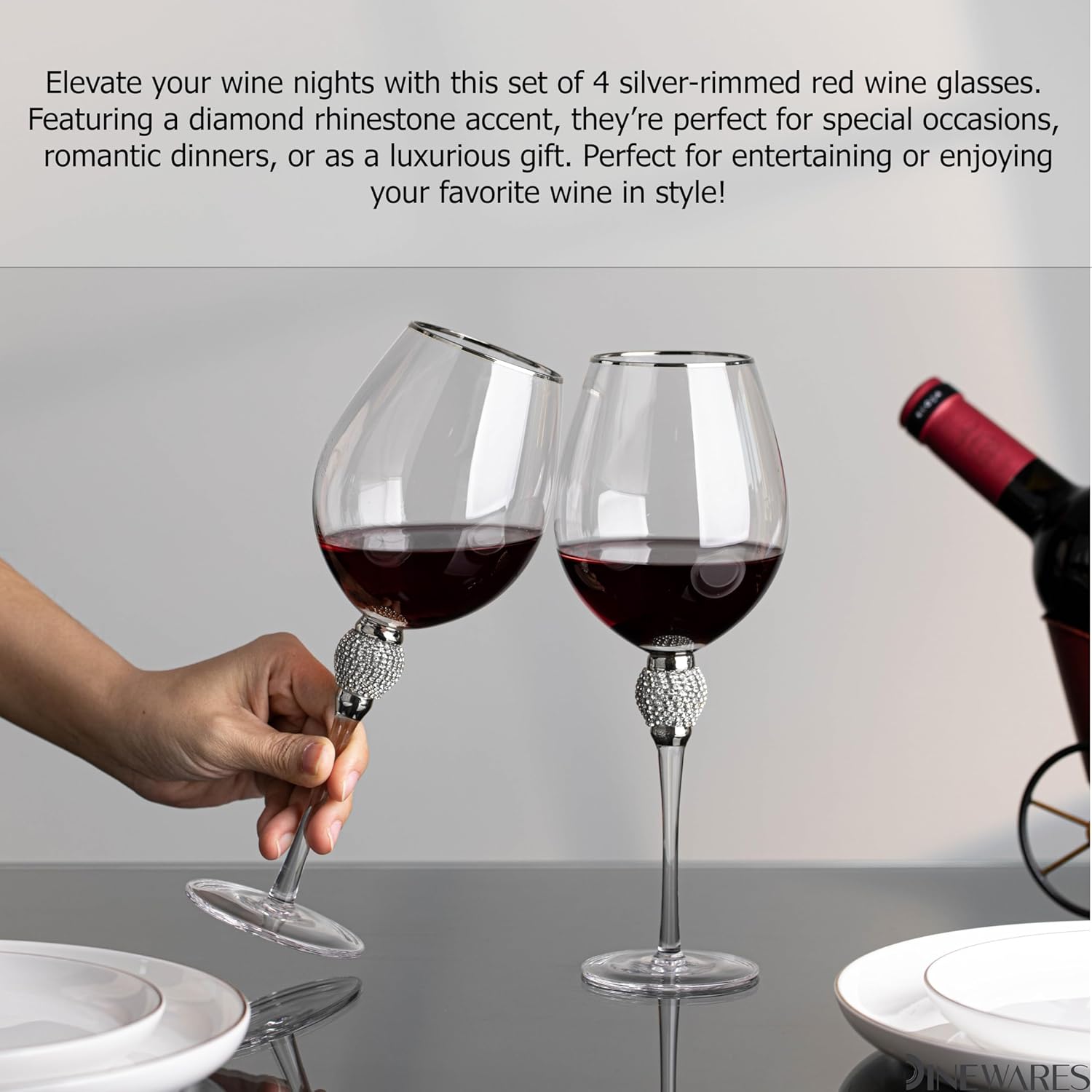 Rimmed Red Wine Glasses with Diamond Rhinestone Accent 18 oz, 10 Inches Tall Perfect Toasting Glasses for Bride and Groom Great for Party Wedding Anniversary and Special Occasion (Silver, Set of 4)