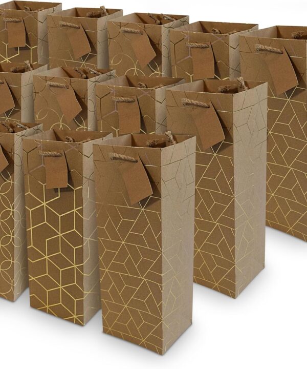 OccasionALL Wine Gift Bags, Paper Tote Bags, Gold Brown Alcohol Bottle Bags, Holiday Wrap, Weddings, Valentines, Party Favor, Shopping, Bulk, 5x4x14, 12 Pack