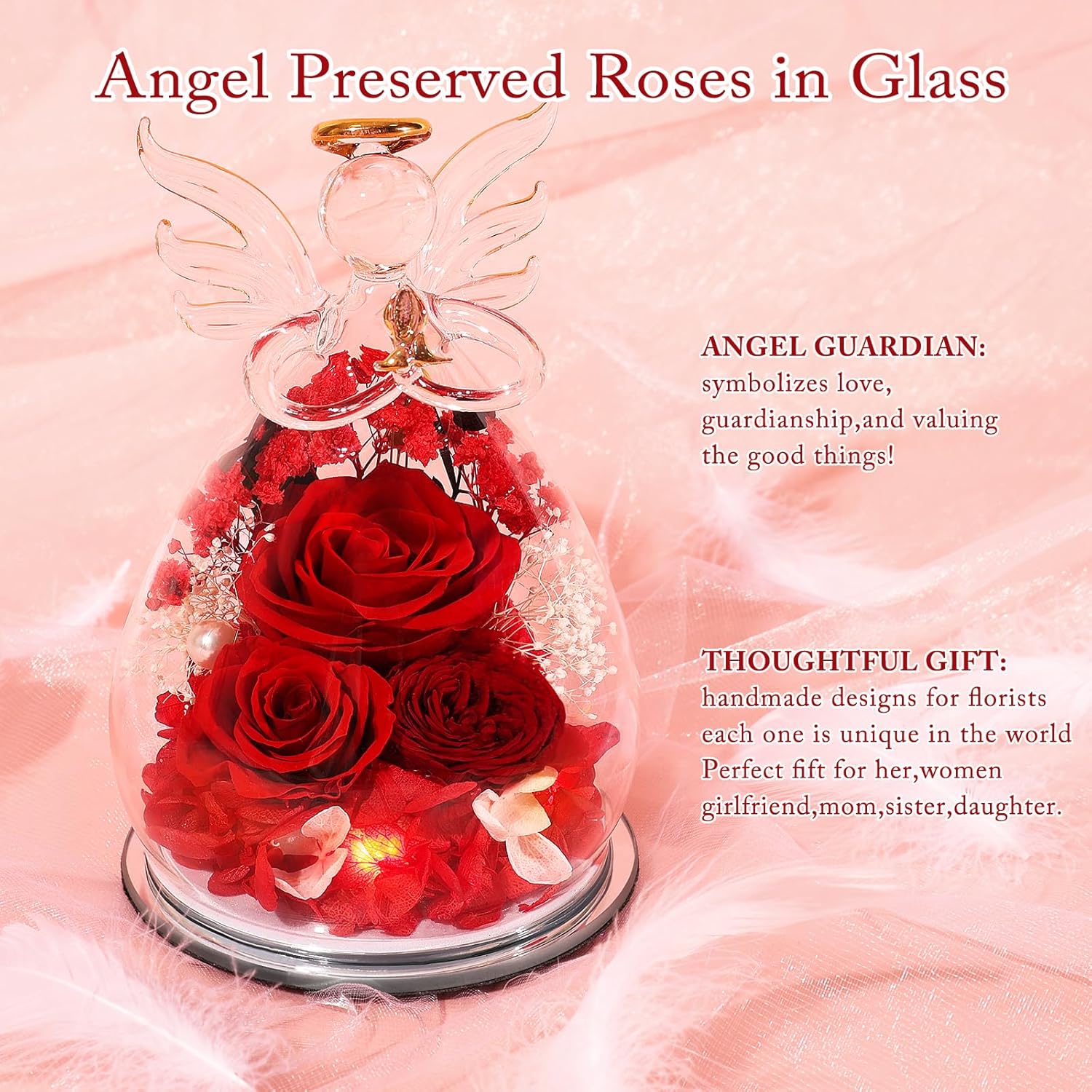 Gifts for Women Preserved Rose Forever Flower in Glass Angel Figurines Fresh Flowers for Delivery Prime Mothers Day Birthday Gifts for Mom Real Red Roses for Grandma Sister Wife Her from Daughter