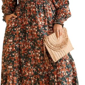 RWJ Women's Plus Size Fall Dress Long Sleeve Square Neck Floral Print Smocked A Line Boho Flowy Maxi Dresses with Pockets