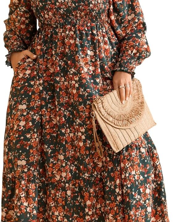 RWJ Women's Plus Size Fall Dress Long Sleeve Square Neck Floral Print Smocked A Line Boho Flowy Maxi Dresses with Pockets
