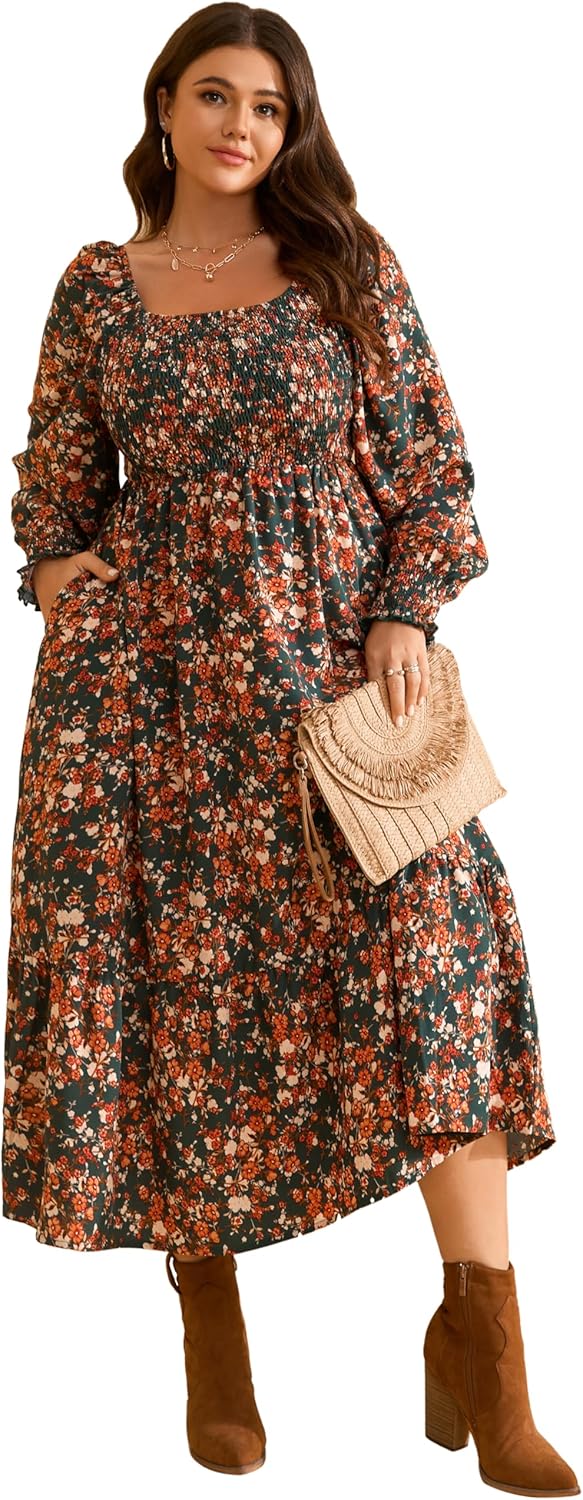 RWJ Women's Plus Size Fall Dress Long Sleeve Square Neck Floral Print Smocked A Line Boho Flowy Maxi Dresses with Pockets