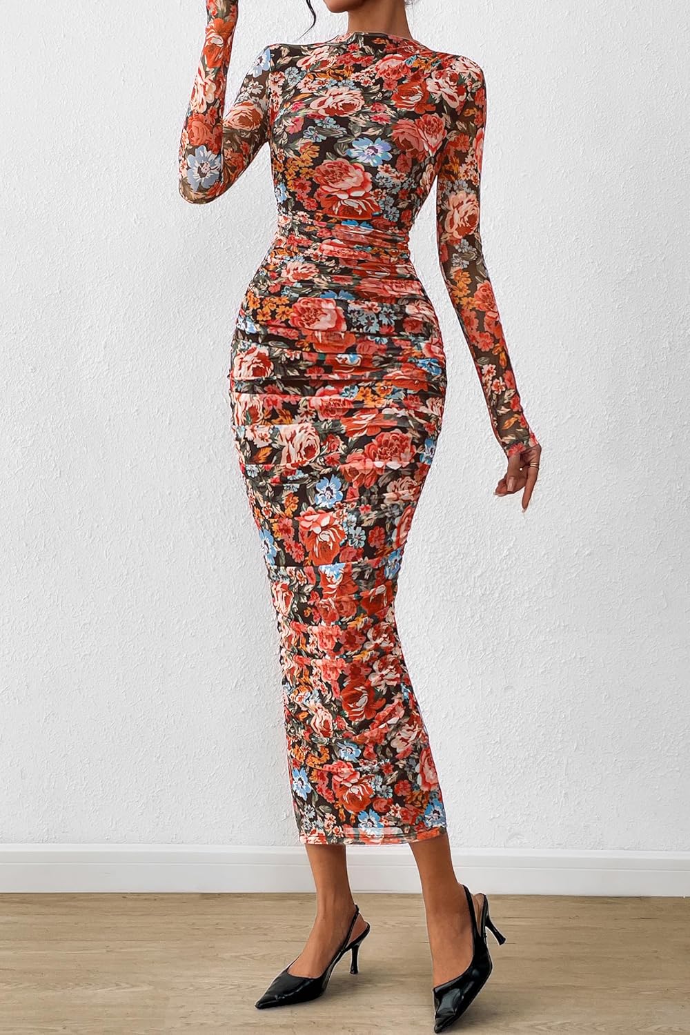 PRETTYGARDEN Women’s Long Sleeve Maxi Dress 2025 Fall Ruched Bodycon Floral Mesh Formal Wedding Guest Cocktail Party Dresses