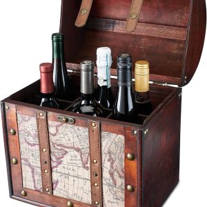 Twine Old World 6 Wooden Wine Bottle Gift Box - Wine Decorative Storage Box with Lid and Handle, Wine Accessory Sets, Wood, Faux Leather in Antique Map Design Liquor Gift Box