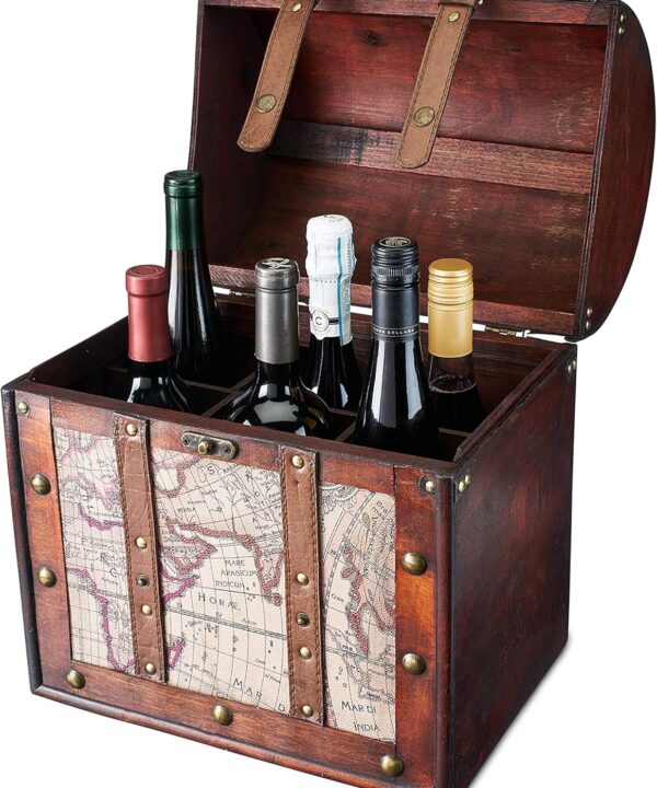 Twine Old World 6 Wooden Wine Bottle Gift Box - Wine Decorative Storage Box with Lid and Handle, Wine Accessory Sets, Wood, Faux Leather in Antique Map Design Liquor Gift Box