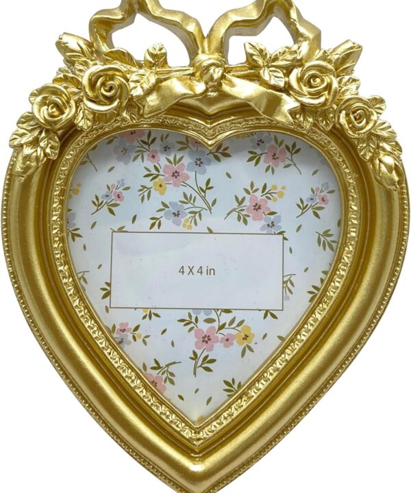 Cute Picture Frame with Heart Shape,Hand-Crafted Resin Vintage Ornate Style Picture Frames for Wall or Tabletop Display, Antique Gold 4x4 Inch Resin Photo Frame for Home Décor