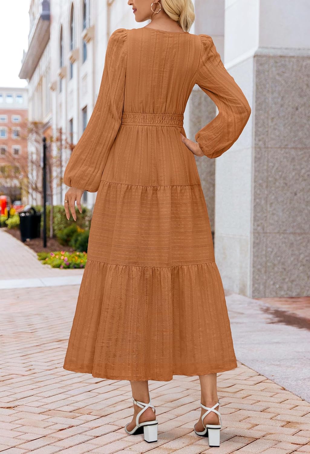 MEROKEETY Fall Dresses for Women 2025 Winter Long Sleeve Casual V Neck Tiered Cotton Midi Maxi Dress Pockets